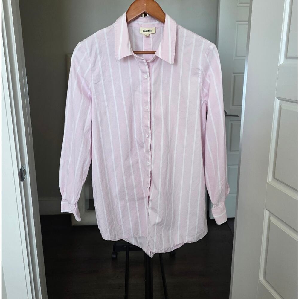L'AGENCE Pink & White Striped Layla Tunic Blouse Size L - Picture 3 of 7